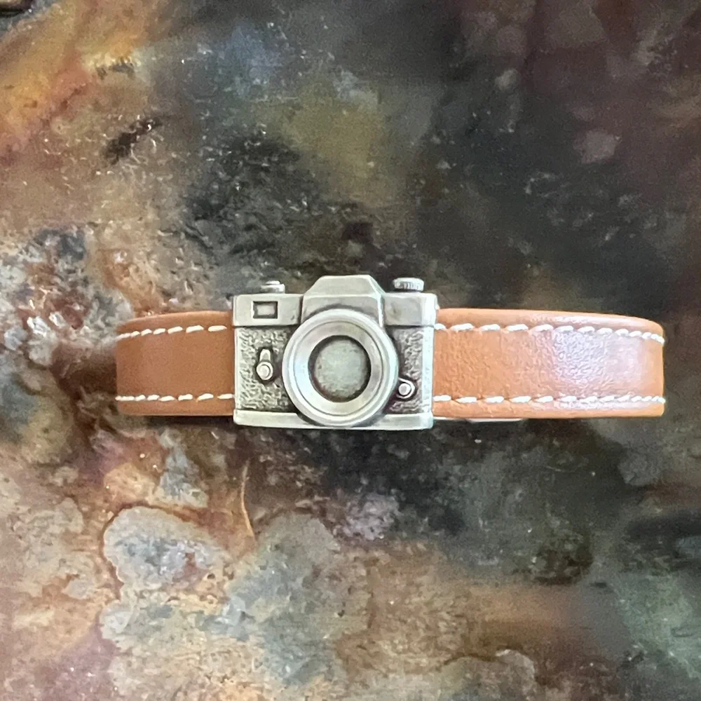 Vintage Camera Charm Bracelet - Brown Leather NWOT Magnetic Clasp 6 1/2 inches